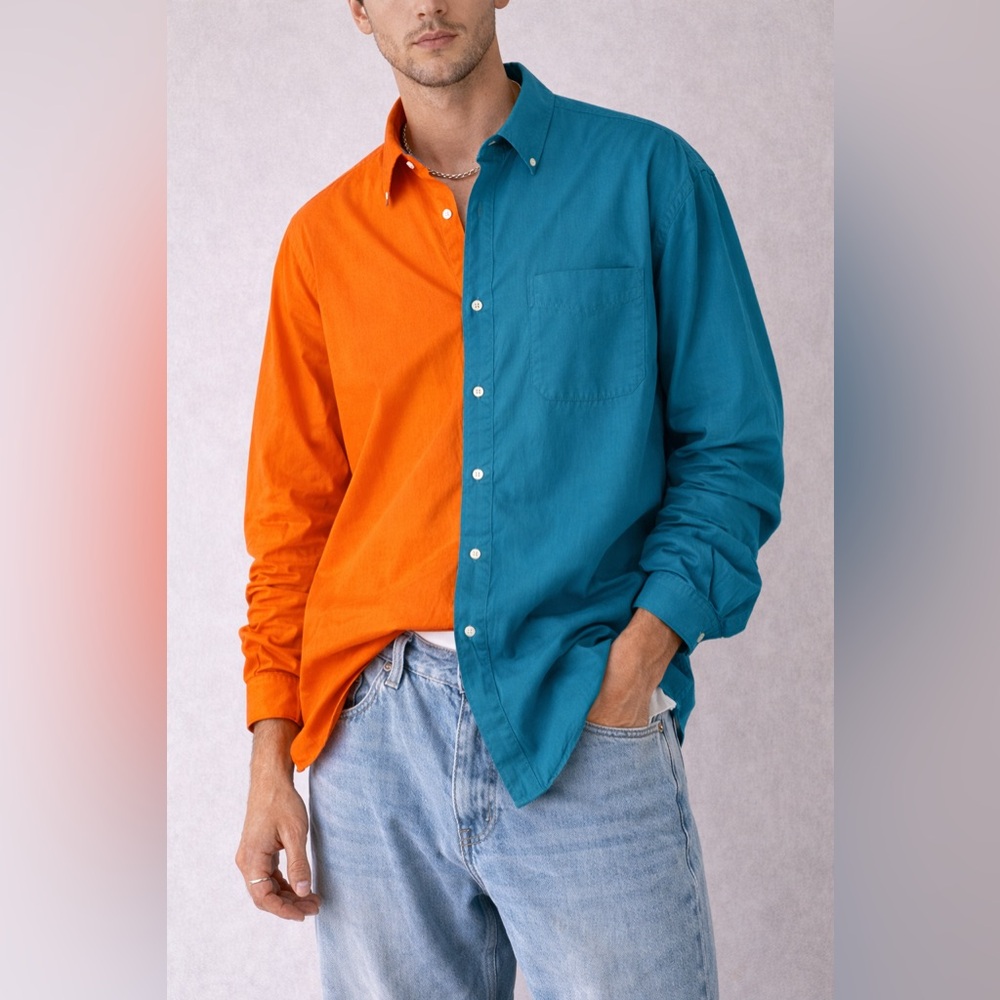OOAK 2 Toned Orange & Turquoise Color Block Upcycled Button Down Mens Shirt L